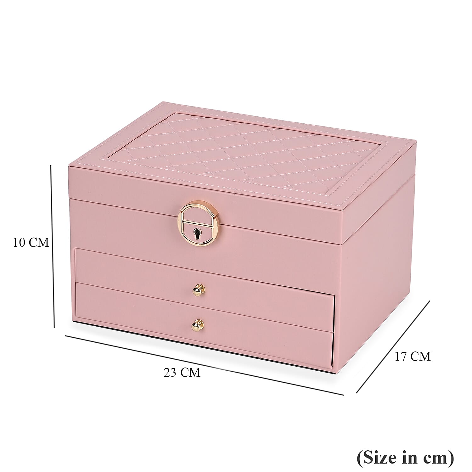 3 Layer Quilted Jewellery Box With Lock & Key - Pink