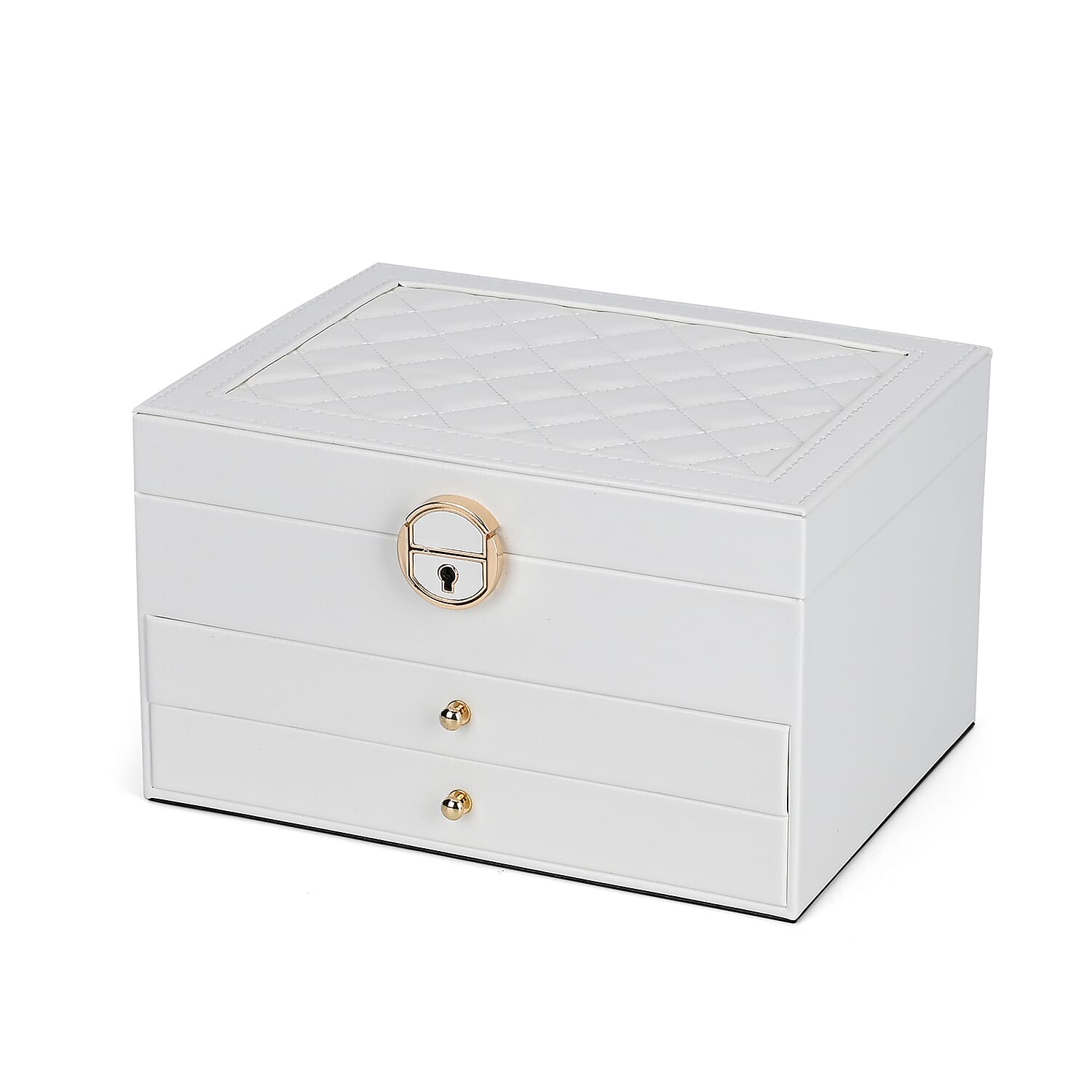 3 Layer Quilted Jewellery Box With Lock & Key - White