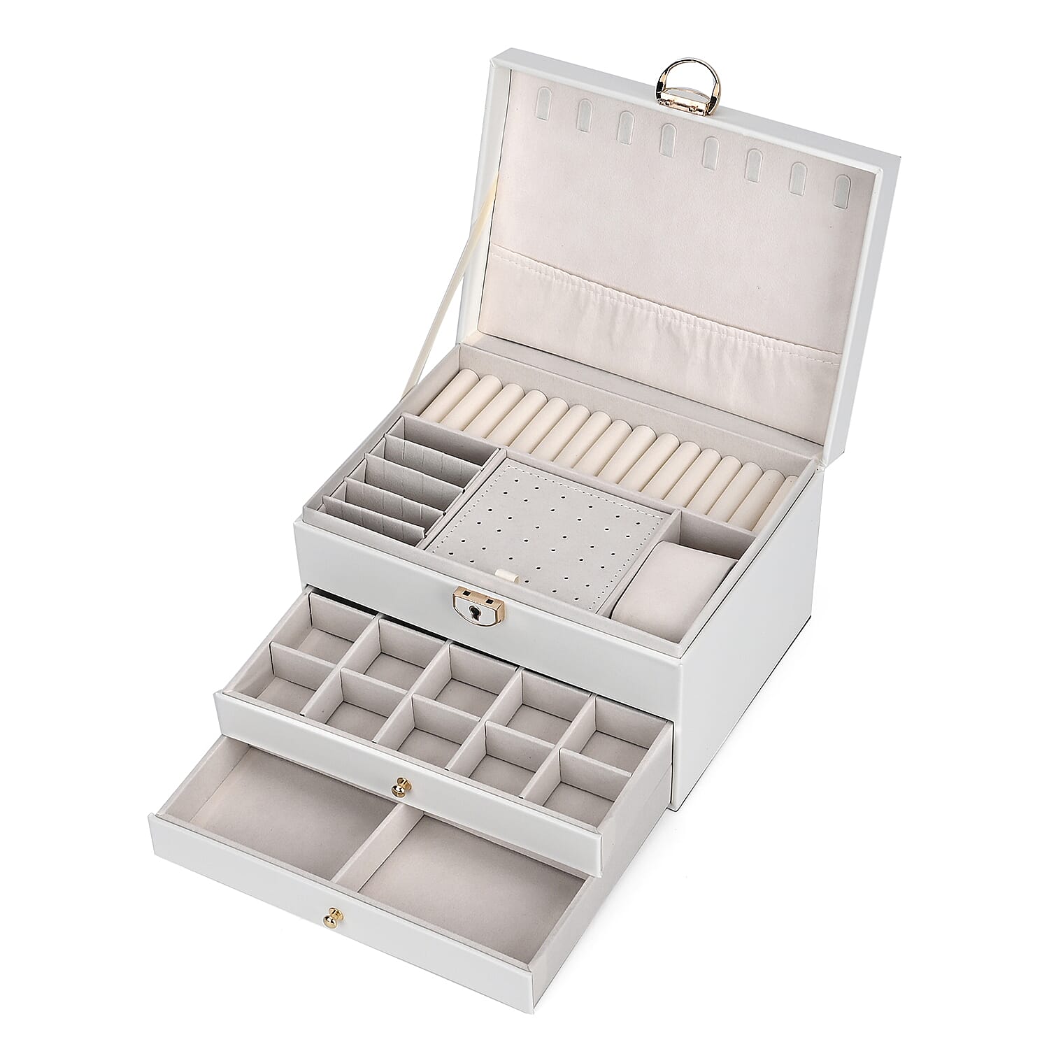 3 Layer Quilted Jewellery Box With Lock & Key - White