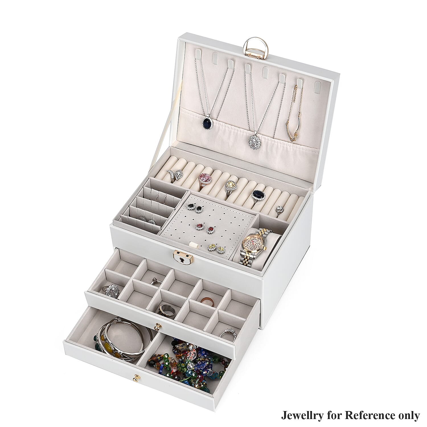 3 Layer Quilted Jewellery Box With Lock & Key - White