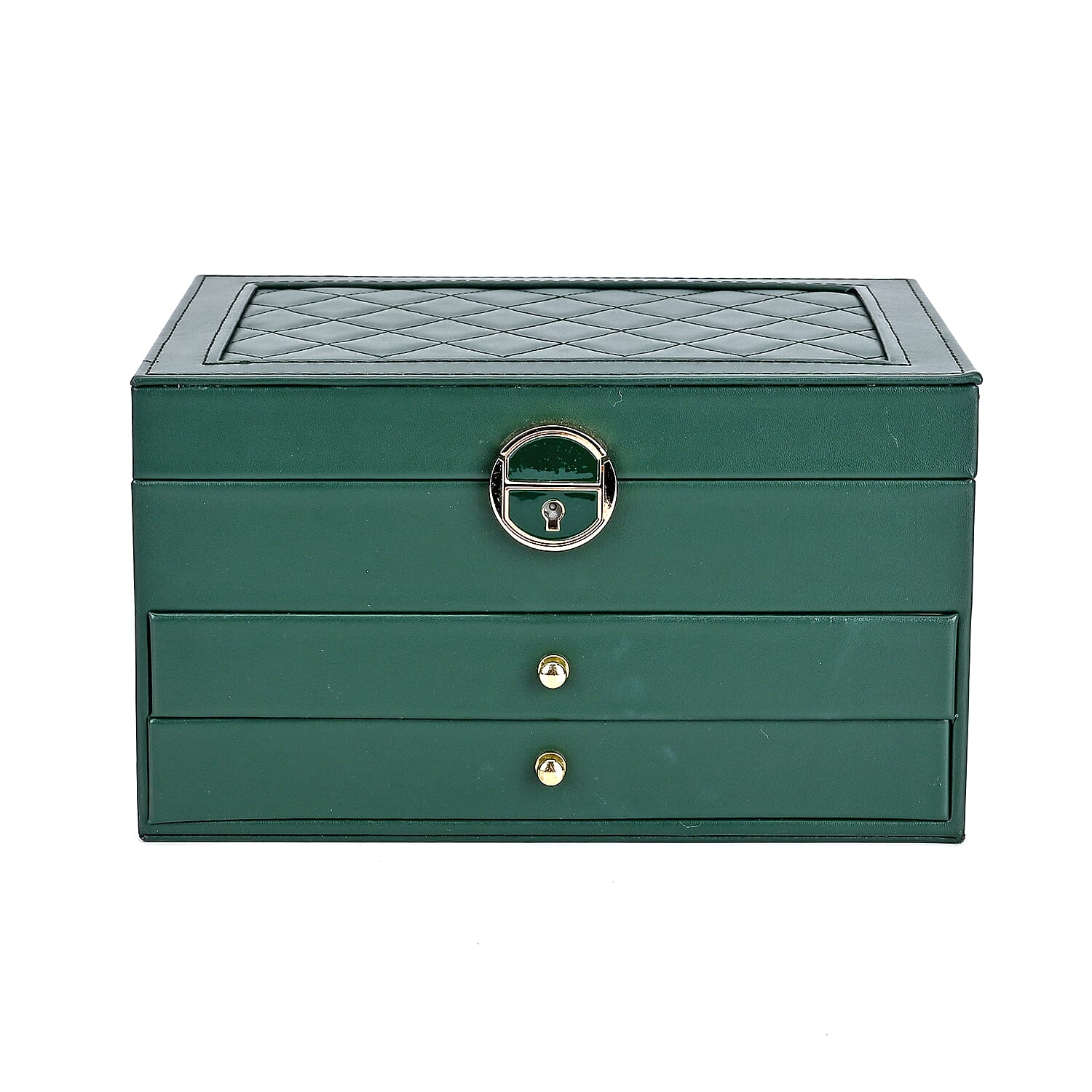 3 Layer Quilted Jewellery Box With Lock & Key -  Olive Green