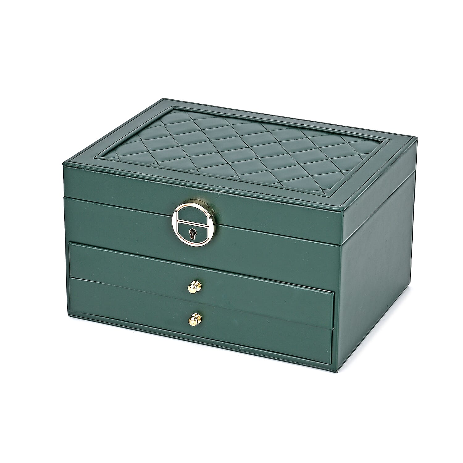3 Layer Quilted Jewellery Box With Lock & Key -  Olive Green