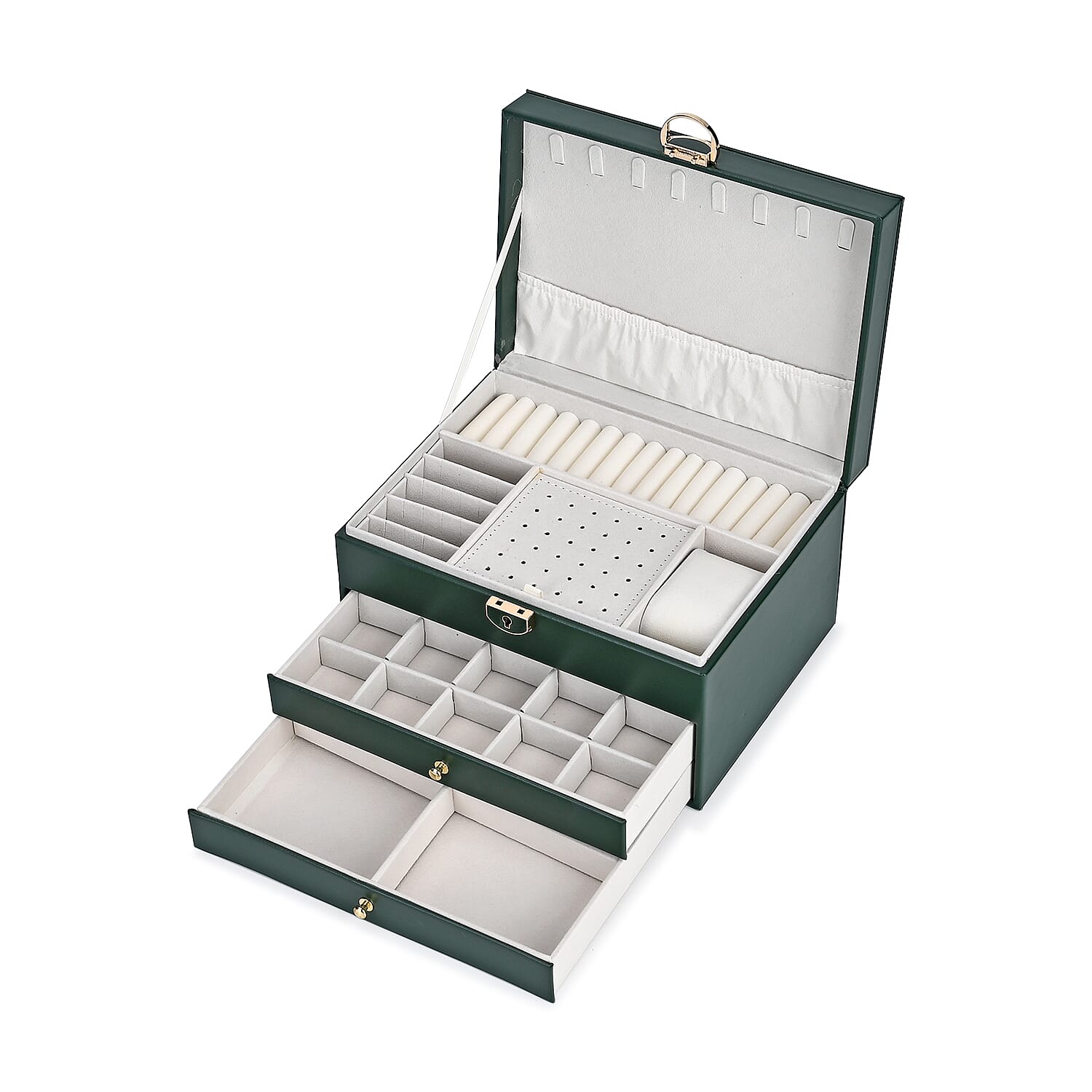 3 Layer Quilted Jewellery Box With Lock & Key -  Olive Green