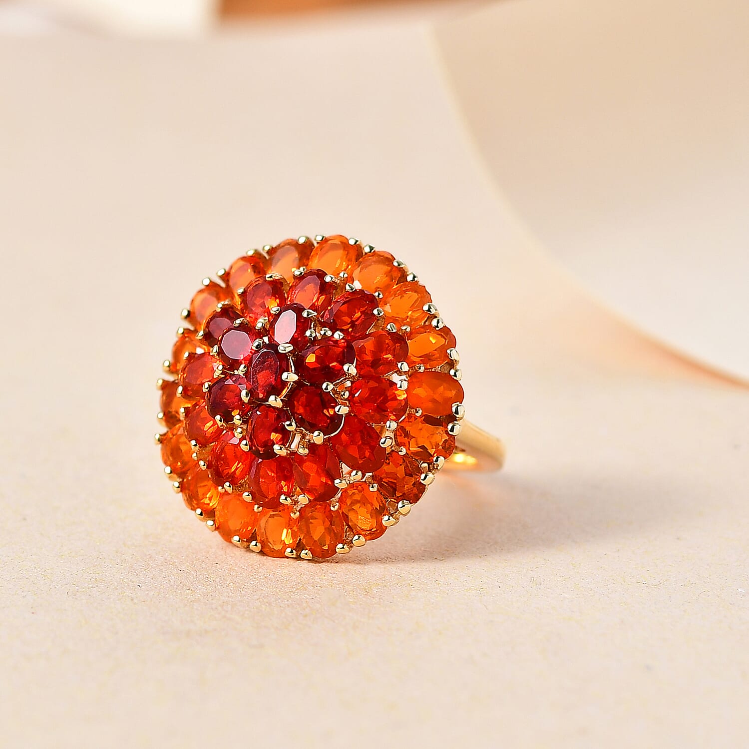 Gem Fiesta - Shades of Crimson Fire Opal- OMBRE Cluster Ring in 18K YG Vermeil Sterling Silver, Silver Wt. 6 Gms 4.737 Ct.