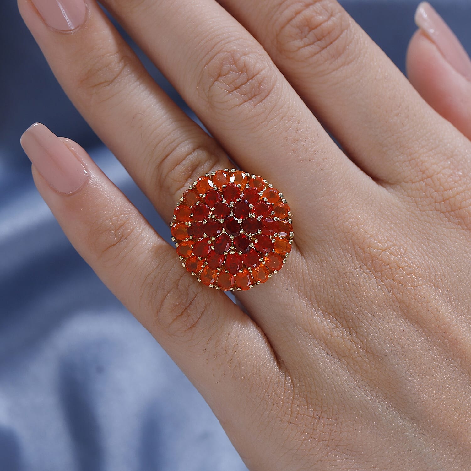 Gem Fiesta - Shades of Crimson Fire Opal- OMBRE Cluster Ring in 18K YG Vermeil Sterling Silver, Silver Wt. 6 Gms 4.737 Ct.