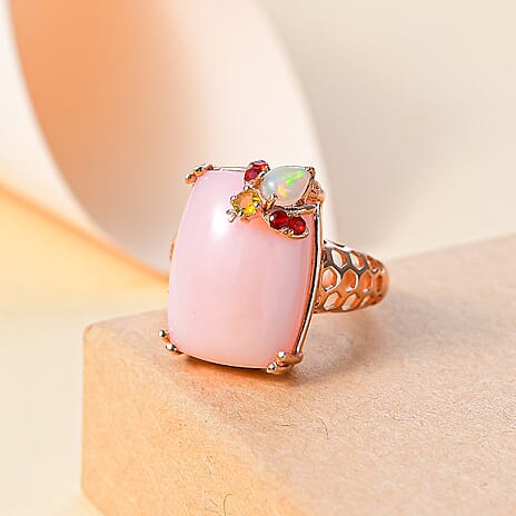 Gem Fiesta- Opal Opulence - Pink, Welo, Yellow & Fire Opal Solitaire Ring in 18K RG Vermeil Sterling Silver 10.36 ct, Silver Wt. 6 Gms