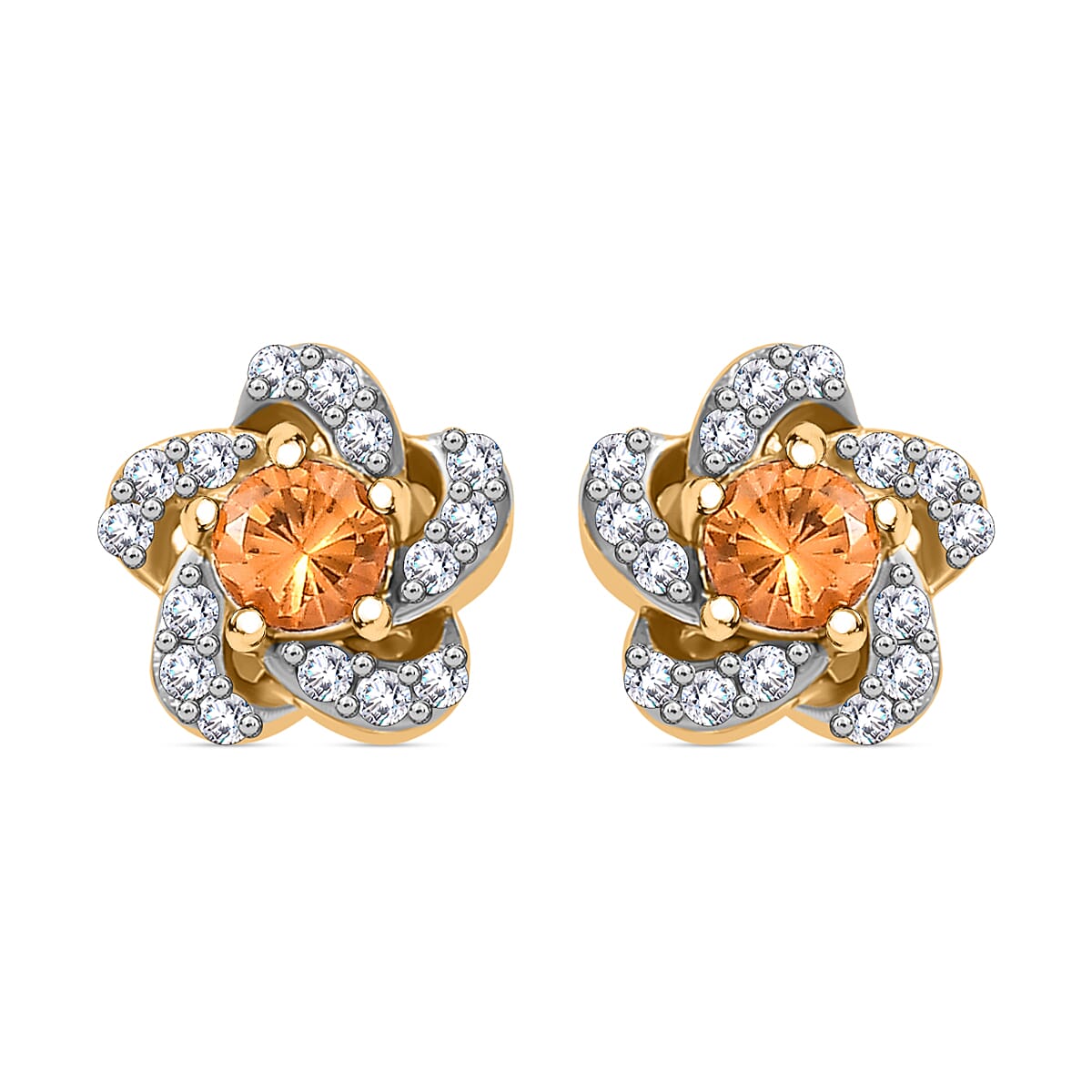 Spessartine Garnet, White Zircon Solitaire Stud With Push Back Earring in 18K Vermeil Yellow Gold Plate Sterling Silver