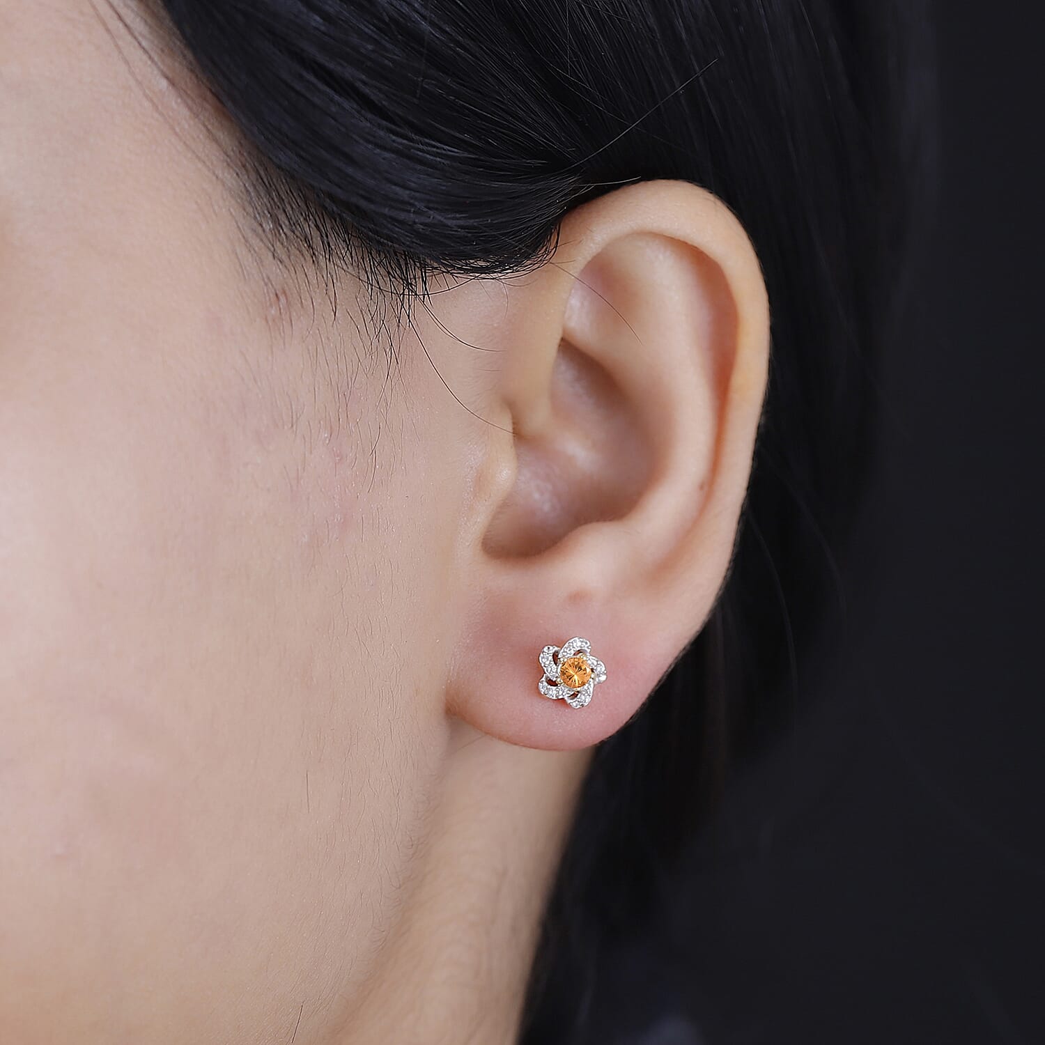 Spessartine Garnet, White Zircon Solitaire Stud With Push Back Earring in 18K Vermeil Yellow Gold Plate Sterling Silver