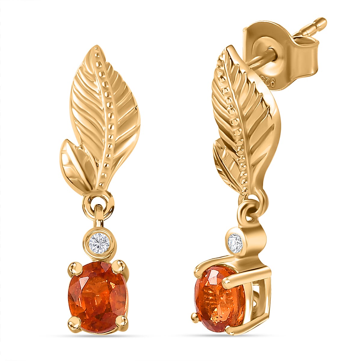 Spessartine Garnet,White Zircon Dangling Earring Withy Push Back in 18K Vermeil Yellow Gold Plated Sterling Silver 1.15 ct