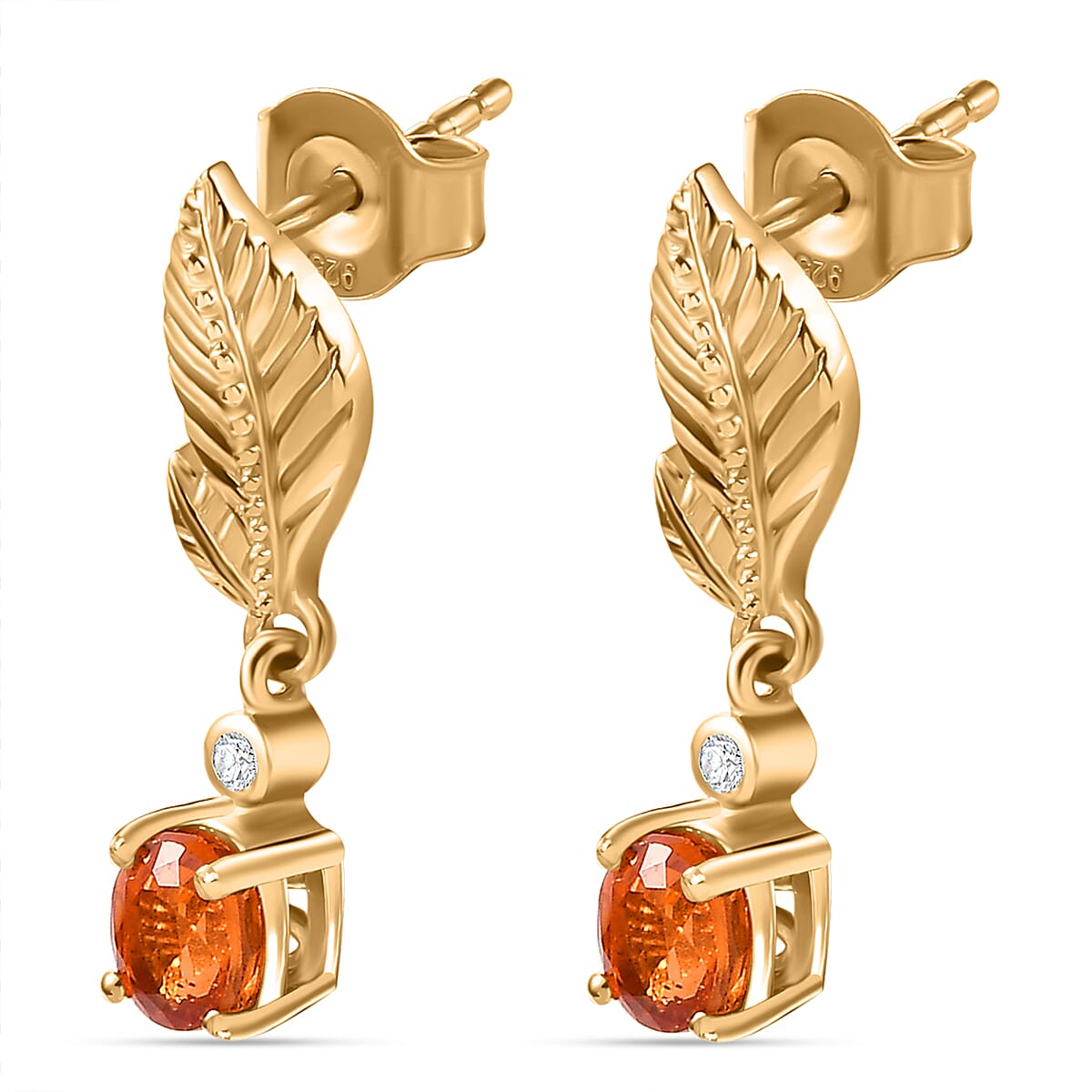 Spessartine Garnet,White Zircon Dangling Earring Withy Push Back in 18K Vermeil Yellow Gold Plated Sterling Silver 1.15 ct