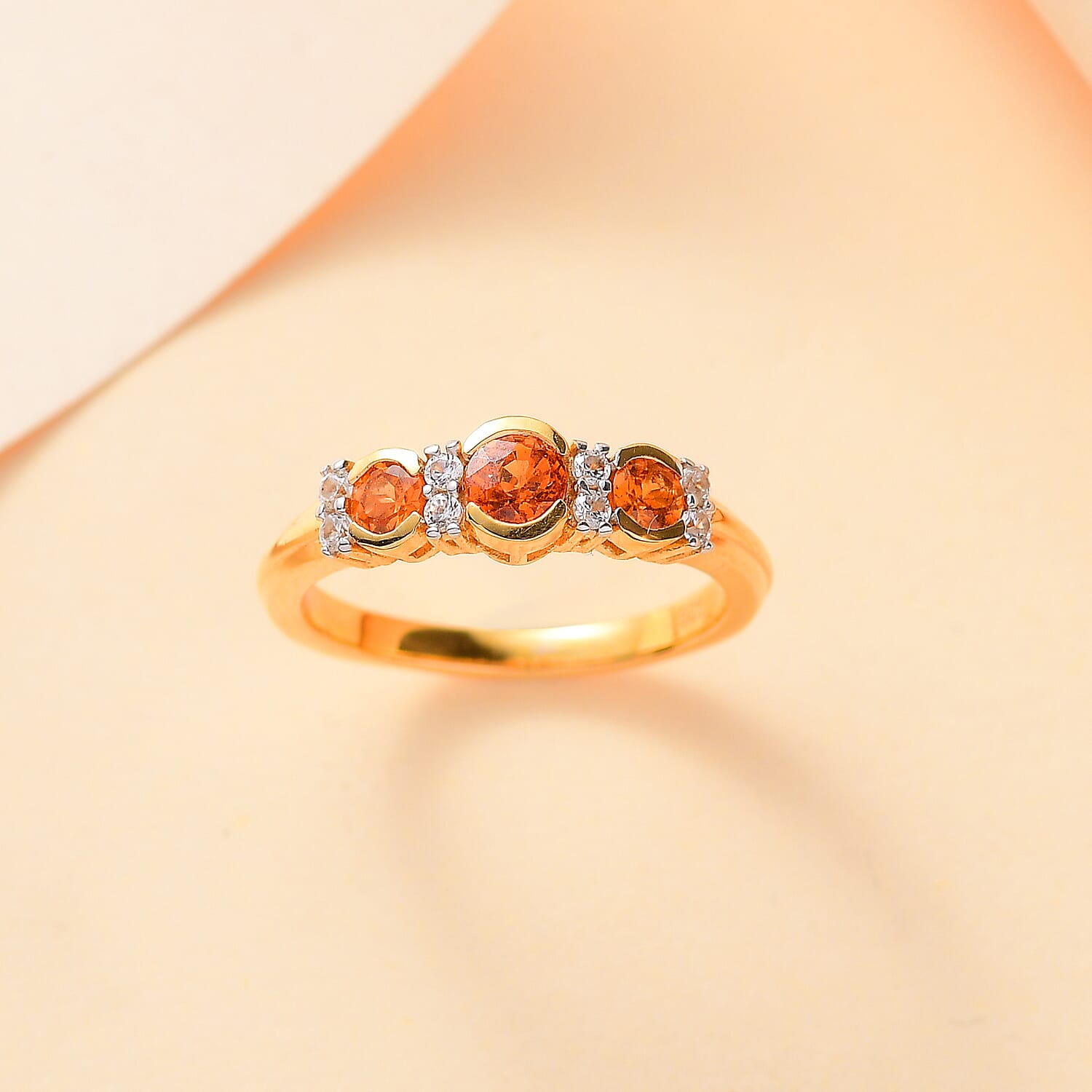 Nigerian Natural Spessartine Garnet, White Zircon Fancy Ring in 18K Vermeil Yellow Gold Plated Sterling Silver 1.01 Ct.