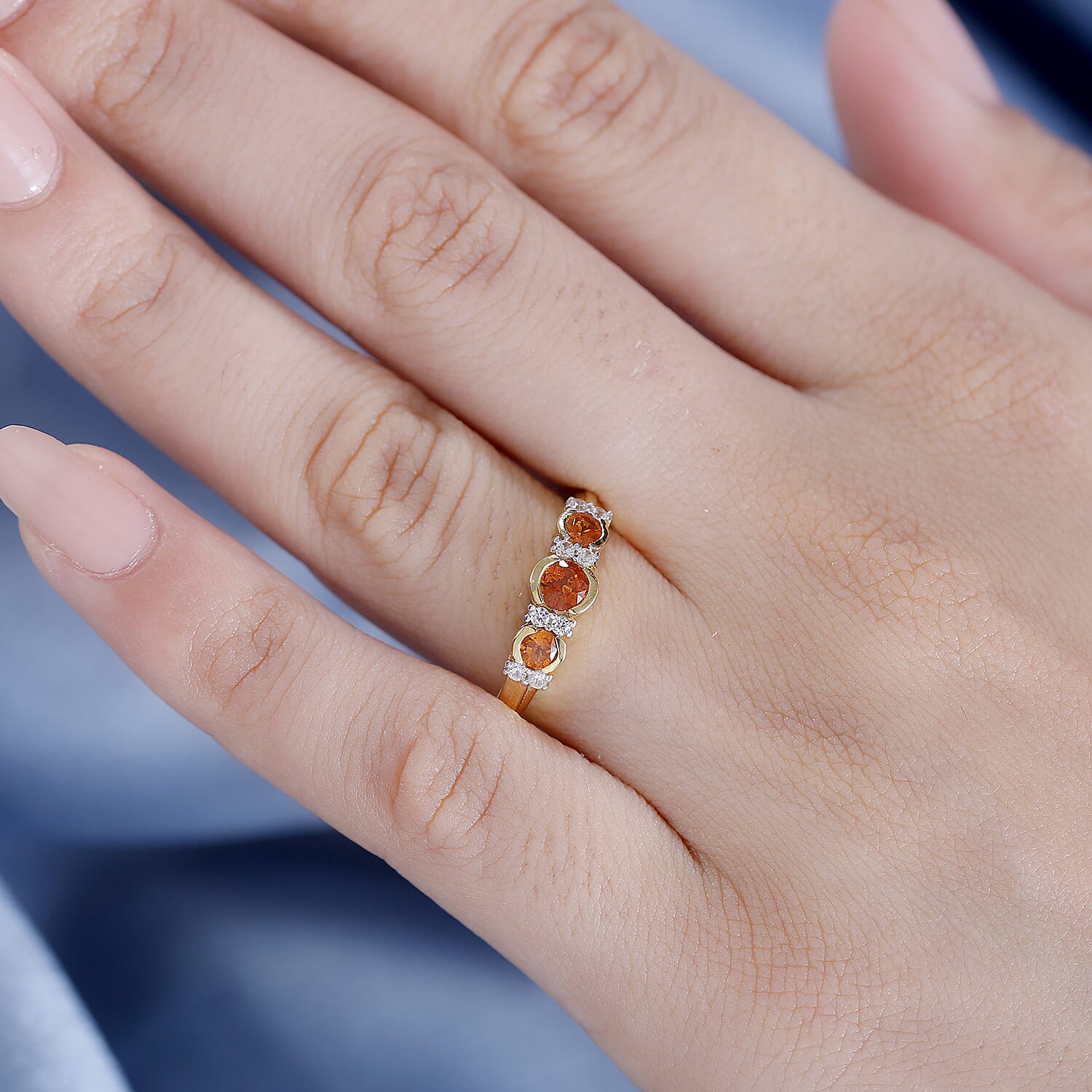 Nigerian Natural Spessartine Garnet, White Zircon Fancy Ring in 18K Vermeil Yellow Gold Plated Sterling Silver 1.01 Ct.