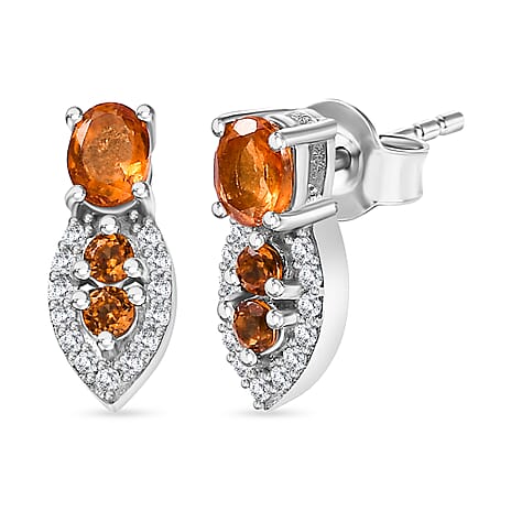 Nigerian Natural Spessartine Garnet, White Zircon Solitaire Earring With Push Back in Rhodium Overlay Sterling Silver