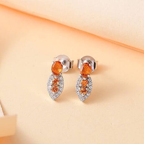 Nigerian Natural Spessartine Garnet, White Zircon Solitaire Earring With Push Back in Rhodium Overlay Sterling Silver