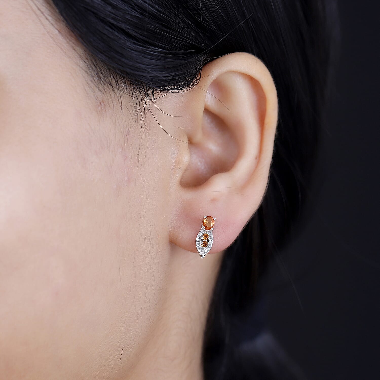 Nigerian Natural Spessartine Garnet, White Zircon Solitaire Earring With Push Back in Rhodium Overlay Sterling Silver