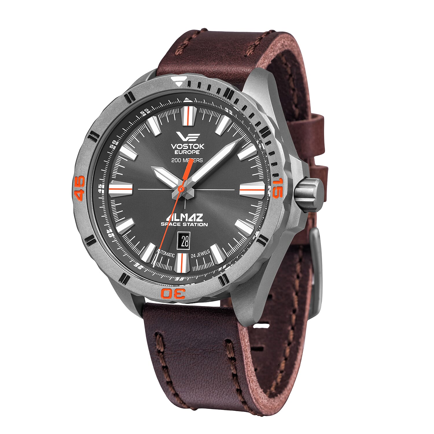 VOSTOK EUROPE Almaz Automatic Movt. 20ATM WR Titanium Plated Mens Watch with Brown Genuine Leather Strap