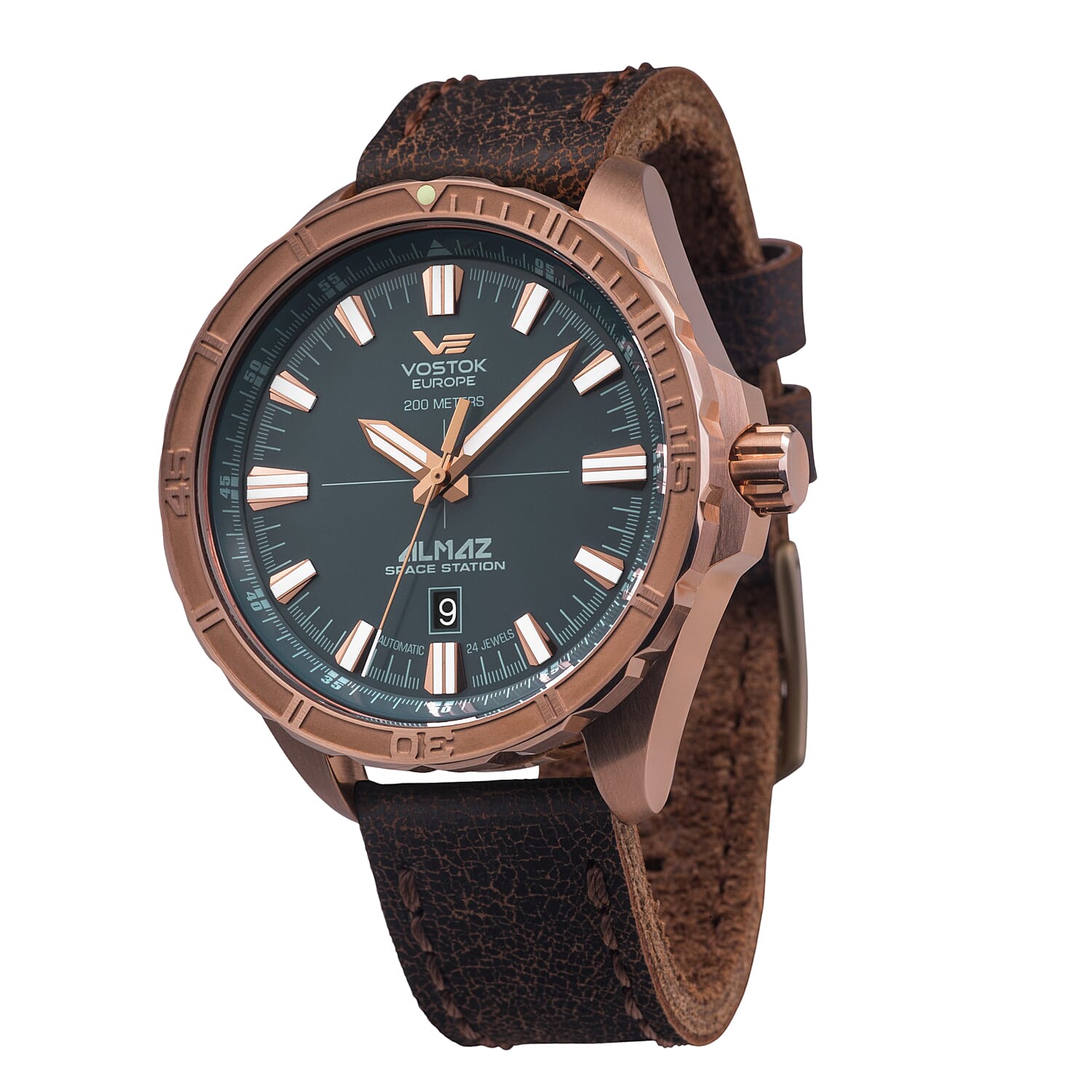 VOSTOK EUROPE Almaz Automatic Movt. 20ATM WR Bronze Plated Mens Watch with Brown Leather Strap