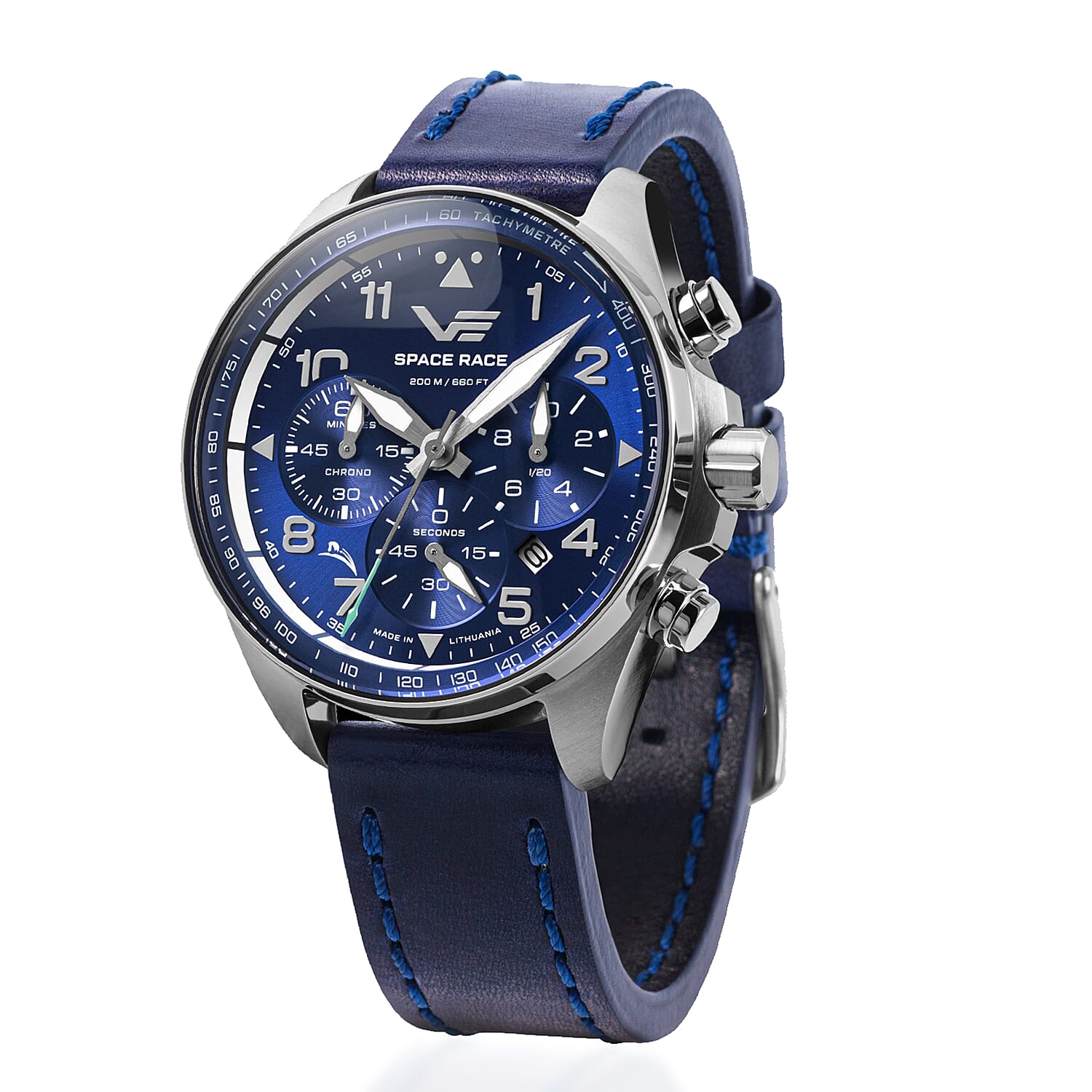 VOSTOK EUROPE Space Race Chronograph Movt. 20ATM WR Mens Watch with Blue Genuine Leather Strap - Blue