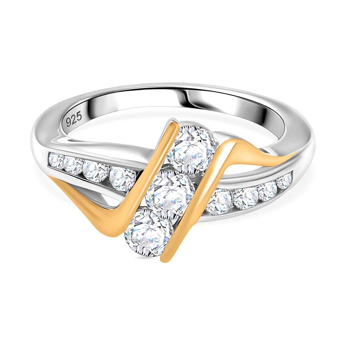 Moissanite Thunderbolt Trilogy Ring  in 18K Vermeil Yellow Gold Plated & Rodium. 0.81 Ct.
