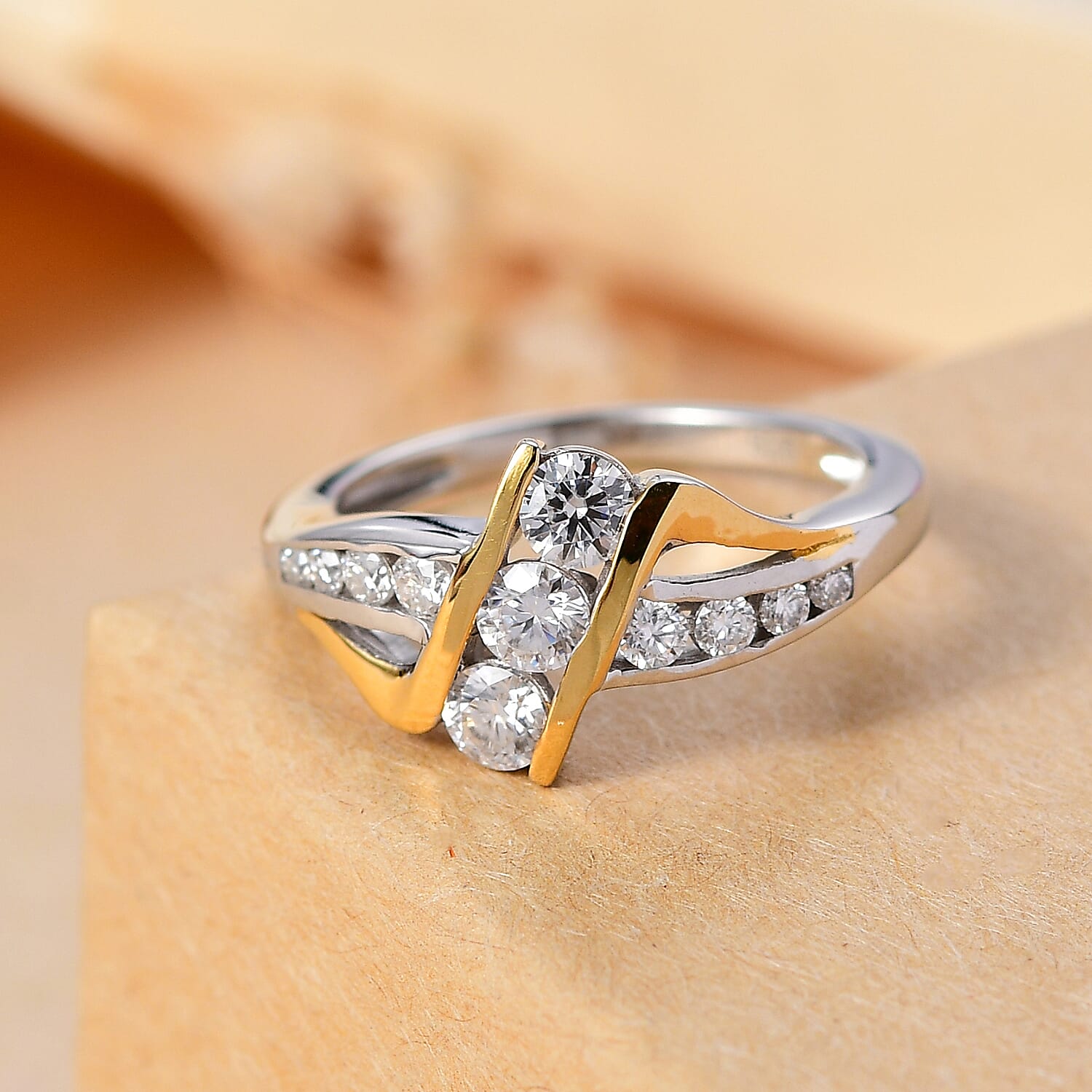 Moissanite Thunderbolt Trilogy Ring  in 18K Vermeil Yellow Gold Plated & Rodium. 0.81 Ct.