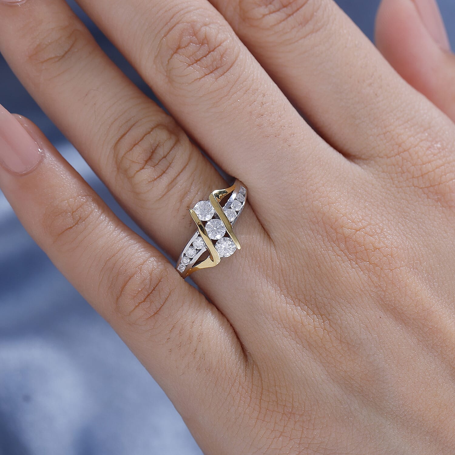 Moissanite Thunderbolt Trilogy Ring  in 18K Vermeil Yellow Gold Plated & Rodium. 0.81 Ct.