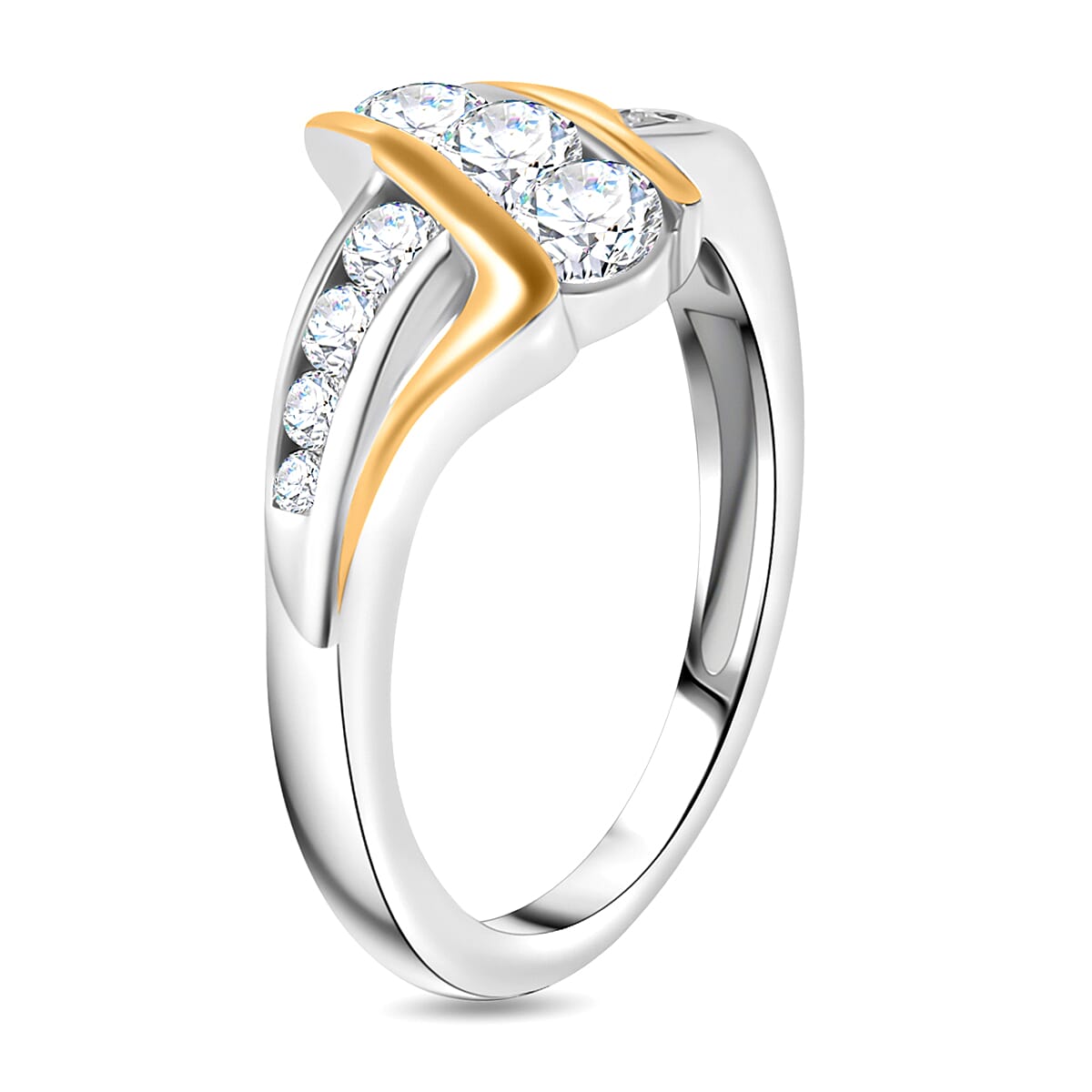 Moissanite Thunderbolt Trilogy Ring  in 18K Vermeil Yellow Gold Plated & Rodium. 0.81 Ct.