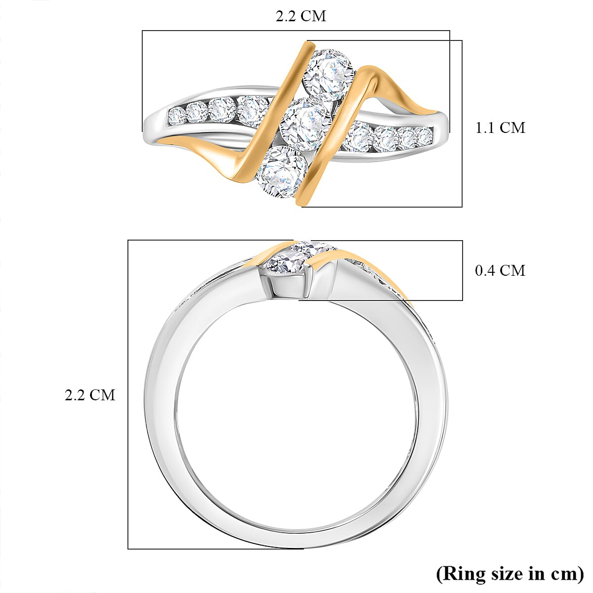 Moissanite Thunderbolt Trilogy Ring  in 18K Vermeil Yellow Gold Plated & Rodium. 0.81 Ct.
