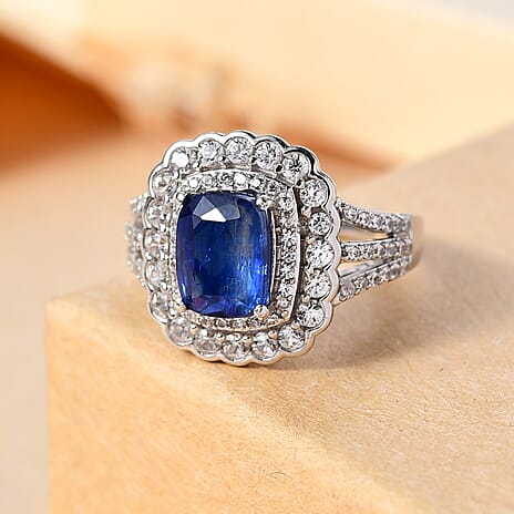 Extreme Rare Find - Natural AAA Kashmir Kyanite with White Zircon  Ring in Rhodium Overlay Sterling Silver 4.60 Ct.