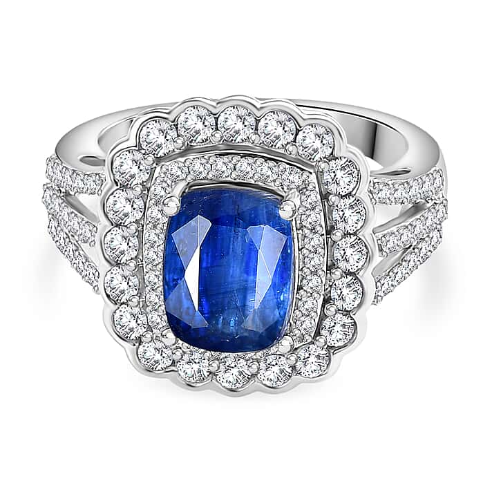 Extreme Rare Find - Natural AAA Kashmir Kyanite, White Zircon Halo Ring in Rhodium Overlay Sterling Silver 4.60 Ct.