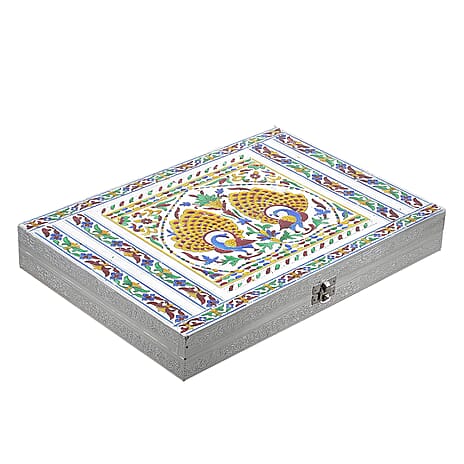 Oxidized Ring Box with Dancing Peacocks Hold Upto 150 Rings (Size 35x25x5 cm) - Silver