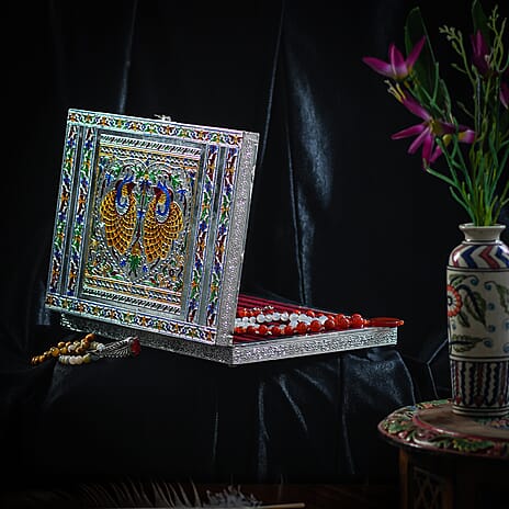 Oxidized Ring Box with Dancing Peacocks Hold Upto 150 Rings (Size 35x25x5 cm) - Silver