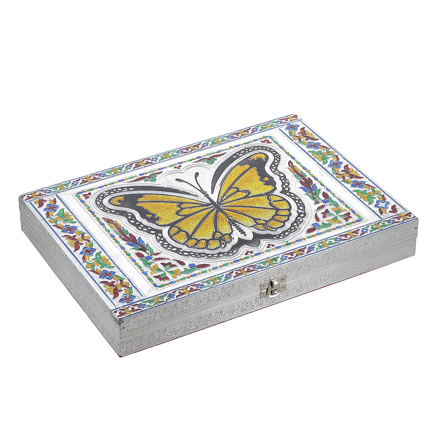 Butterfly Design Minakari Ring Box Holds Upto 150 Rings (Size 35.5x25.5x5.2 cm) - Silver