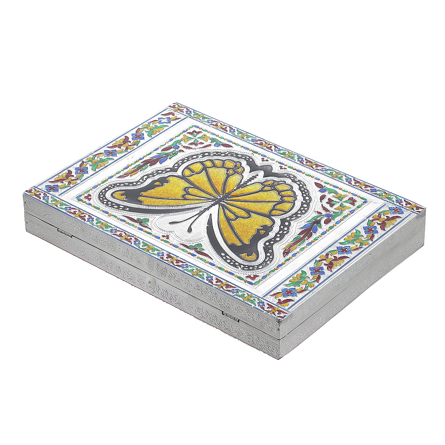Butterfly Design Minakari Ring Box Holds Upto 150 Rings (Size 35.5x25.5x5.2 cm) - Silver