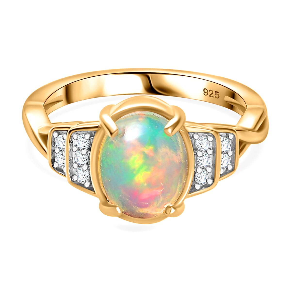 Ethiopian Opal ,  White Zircon  Main Stone With Side Stone Ring in 18K YG Vermeil Sterling Silver 1.40 ct  1.230  Ct.