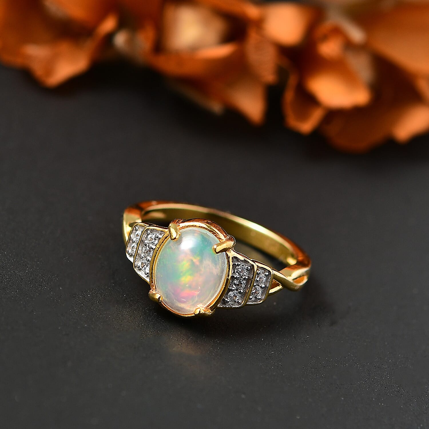 Ethiopian Opal ,  White Zircon  Main Stone With Side Stone Ring in 18K YG Vermeil Sterling Silver 1.40 ct  1.230  Ct.