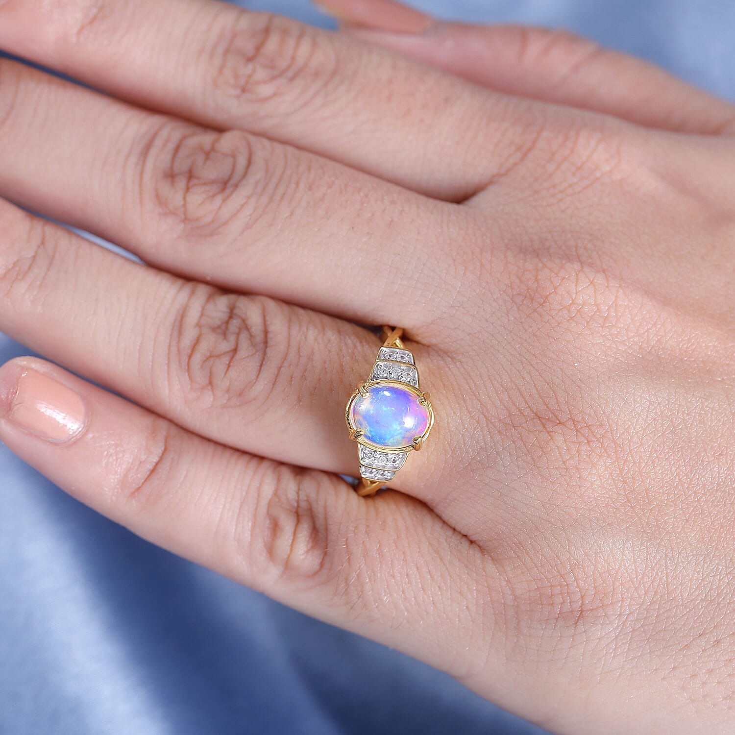 Ethiopian Opal ,  White Zircon  Main Stone With Side Stone Ring in 18K YG Vermeil Sterling Silver 1.40 ct  1.230  Ct.