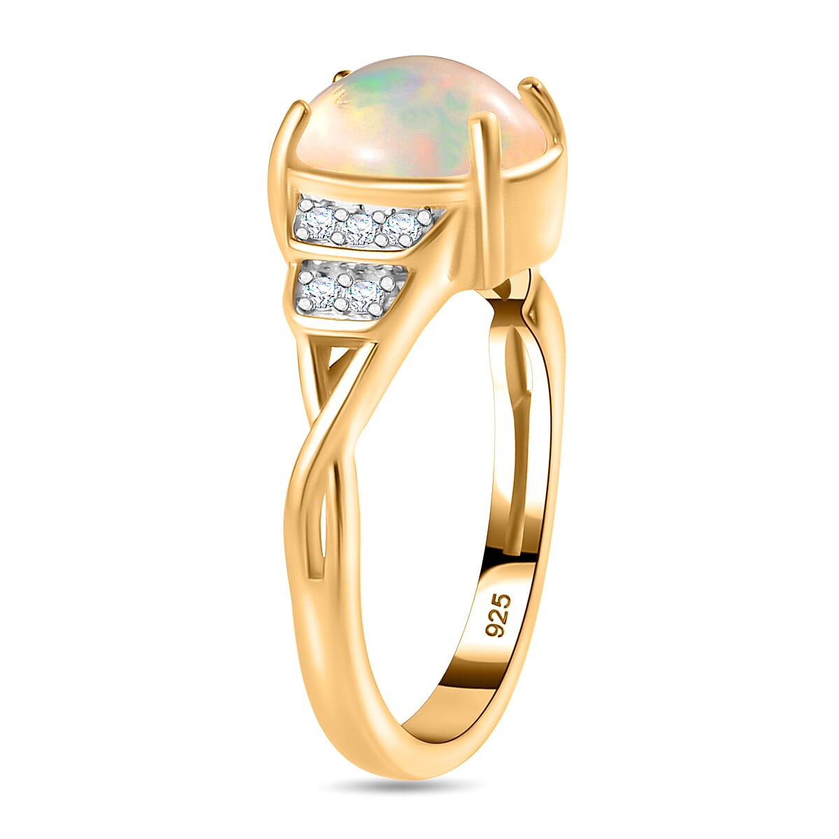Ethiopian Opal ,  White Zircon  Main Stone With Side Stone Ring in 18K YG Vermeil Sterling Silver 1.40 ct  1.230  Ct.
