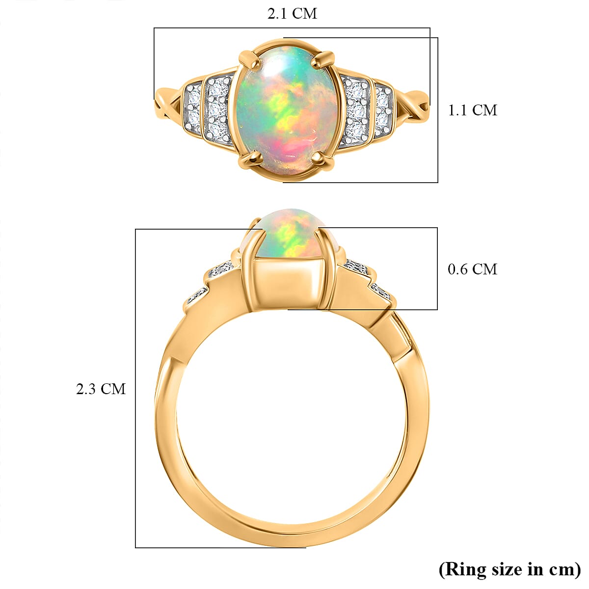 Ethiopian Opal ,  White Zircon  Main Stone With Side Stone Ring in 18K YG Vermeil Sterling Silver 1.40 ct  1.230  Ct.