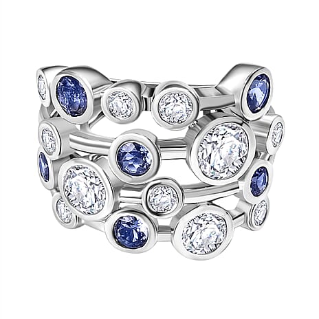 Moissanite & Tanzanite Bubble Ring in Rhodium Overlay Sterling Silver 3.02 Ct, Silver Wt. 7.16 Gms.