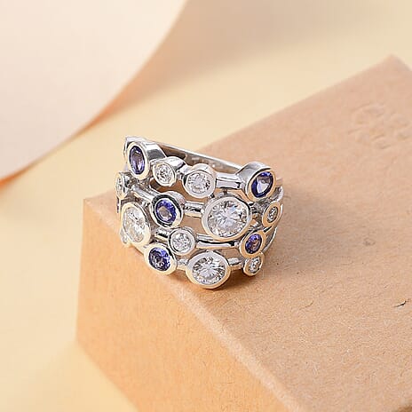 Moissanite & Tanzanite Bubble Ring in Rhodium Overlay Sterling Silver 3.02 Ct, Silver Wt. 7.16 Gms.