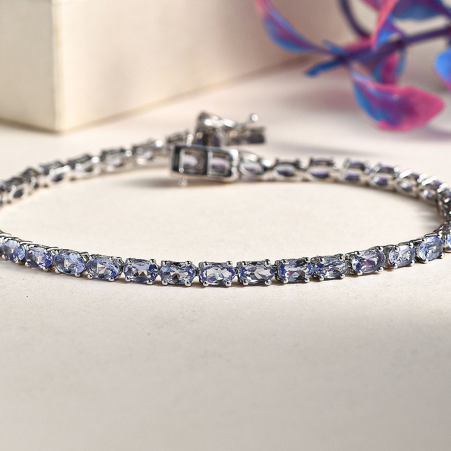 Tanzanite Bracelet with GB Lock Box (Size - 8) in Rhodium Overlay Sterling Silver 7.70 Ct, Silver Wt. 7.80 Gms.