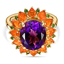 Moroccan Amethyst, Fire Opal and Natural Chrome Diopside Floral Halo Ring in 18K Vermeil Yellow Gold Plated Sterling Silver