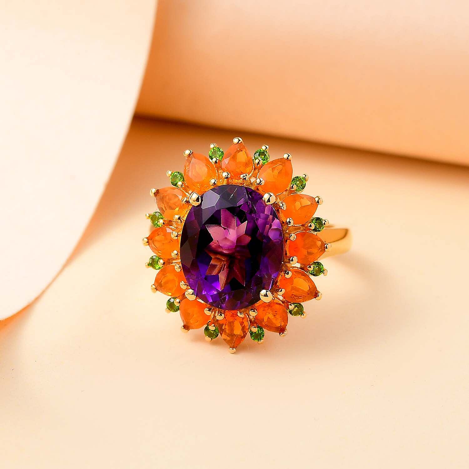 Moroccan Amethyst, Fire Opal & Natural Chrome Diopside Ring in 18K Vermeil Yellow Gold Plated Sterling Silver 6.16 Ct