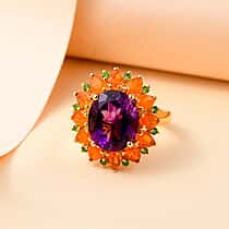 Moroccan Amethyst, Fire Opal and Natural Chrome Diopside Floral Halo Ring in 18K Vermeil Yellow Gold Plated Sterling Silver