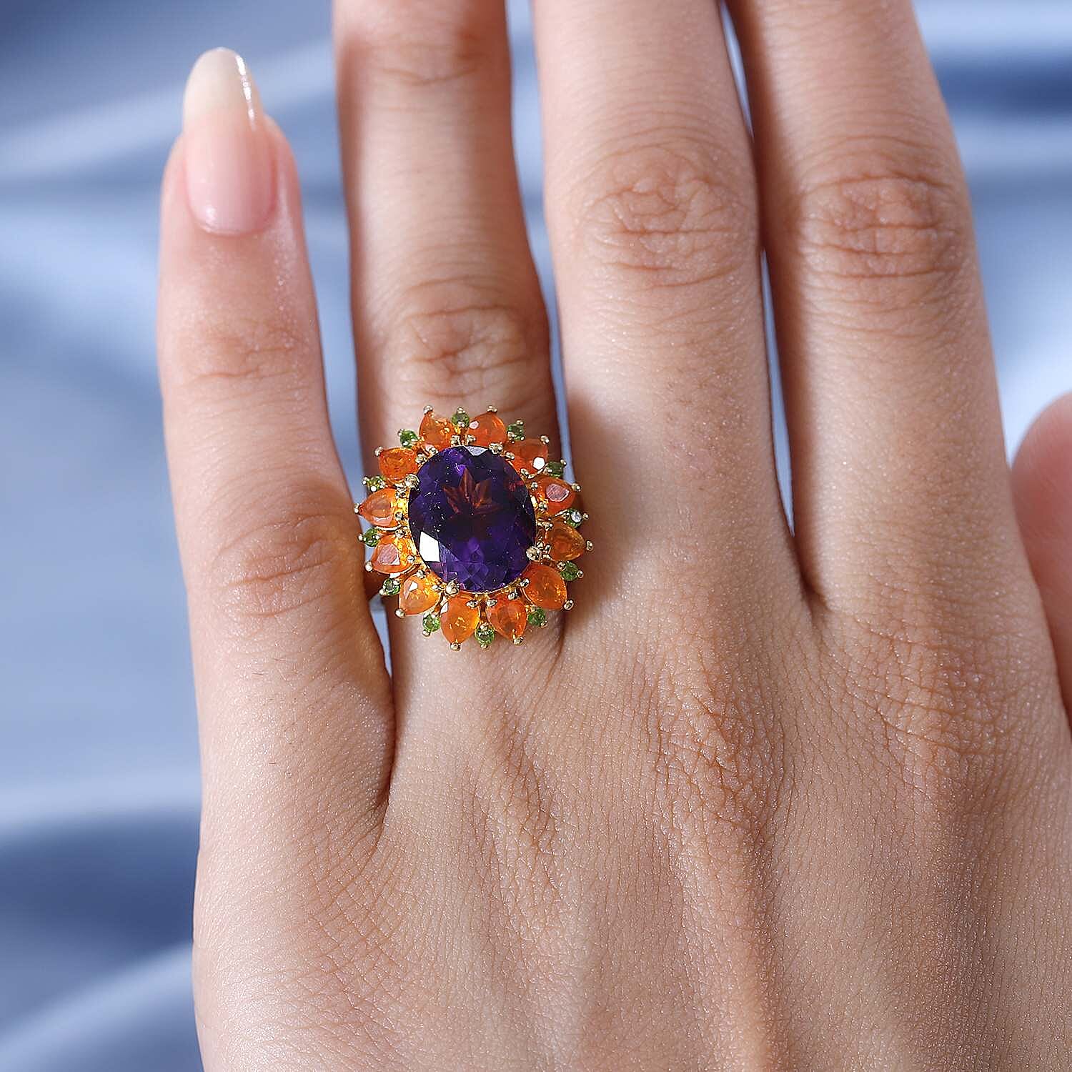 Moroccan Amethyst, Fire Opal & Natural Chrome Diopside Ring in 18K Vermeil Yellow Gold Plated Sterling Silver 6.16 Ct