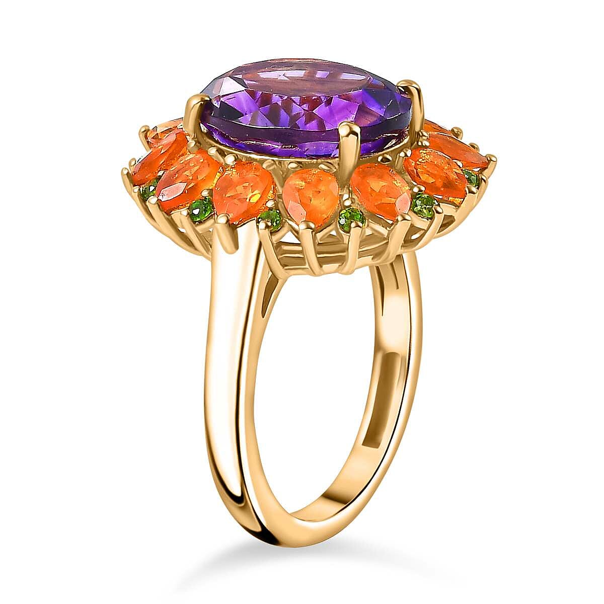 Moroccan Amethyst, Fire Opal & Natural Chrome Diopside Ring in 18K Vermeil Yellow Gold Plated Sterling Silver 6.16 Ct