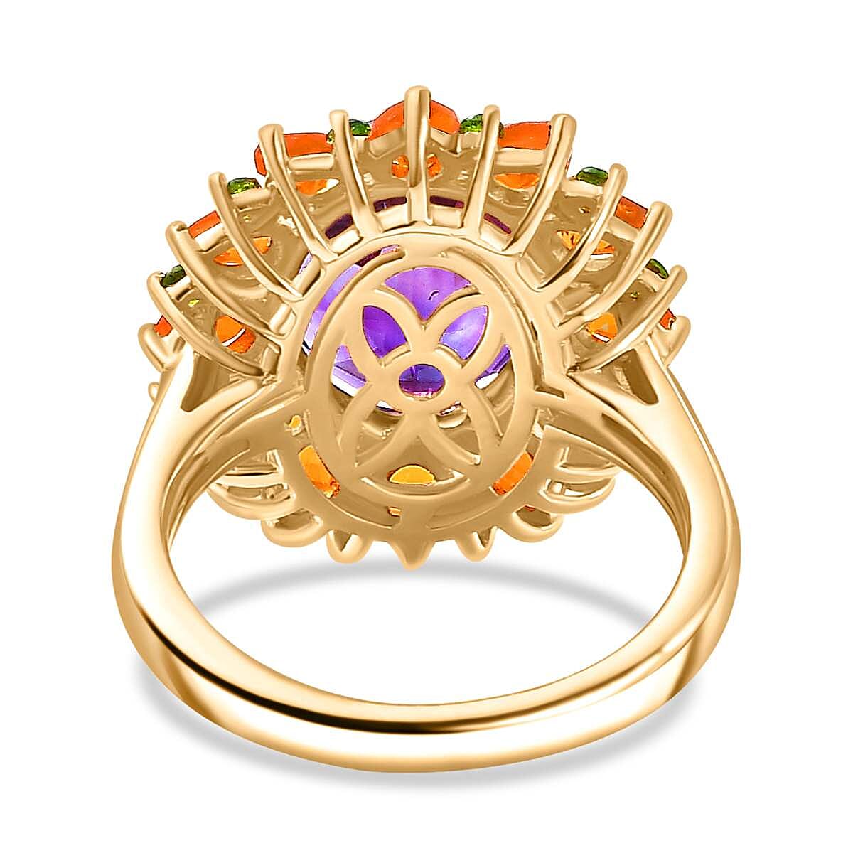 Moroccan Amethyst, Fire Opal & Natural Chrome Diopside Ring in 18K Vermeil Yellow Gold Plated Sterling Silver 6.16 Ct