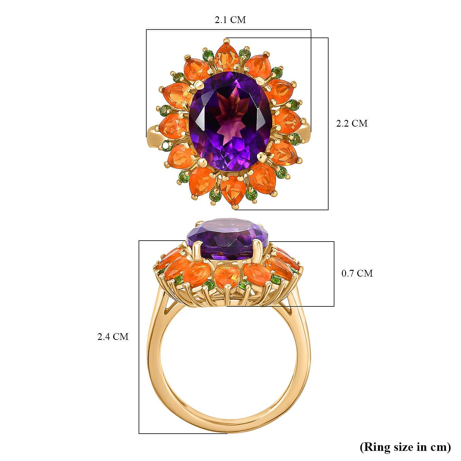 Moroccan Amethyst, Fire Opal & Natural Chrome Diopside Ring in 18K Vermeil Yellow Gold Plated Sterling Silver 6.16 Ct