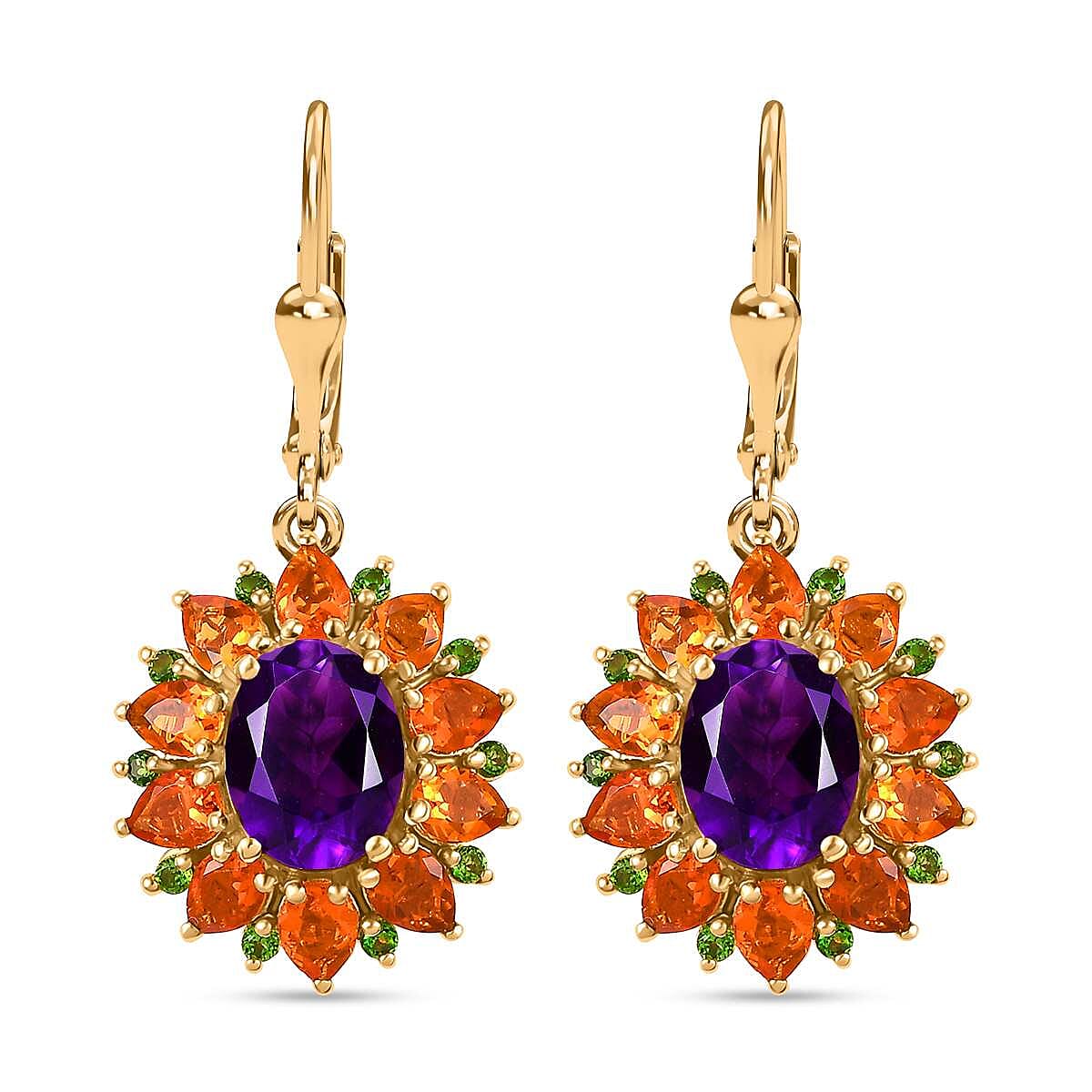 Moroccan Amethyst , Fire Opal & Natural Chrome Diopside Cluster Earrings With LLever Back in 18K Vermeil Yellow Gold Plated 6.15 Ct