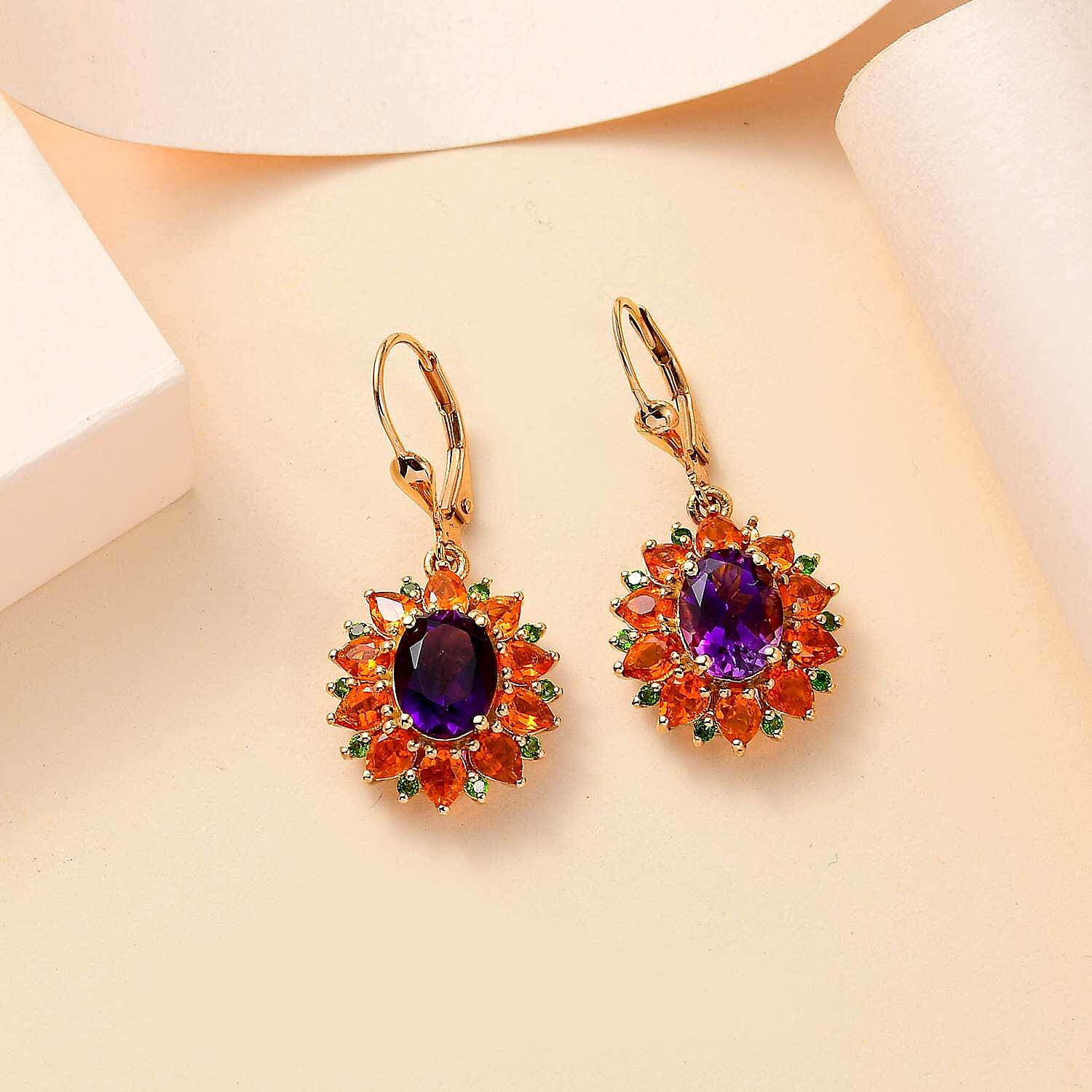 Moroccan Amethyst , Fire Opal & Natural Chrome Diopside Cluster Earrings With LLever Back in 18K Vermeil Yellow Gold Plated 6.15 Ct